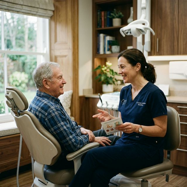 Zahnärztin im Gespräch mit einem älteren Patienten in heller, ruhiger Praxis